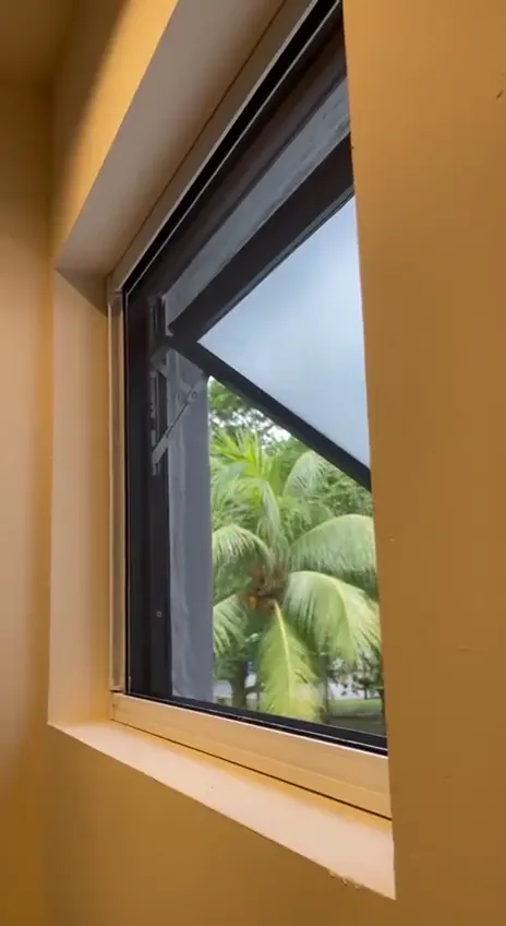 Custom insect mesh fitted across a window overlooking palm trees